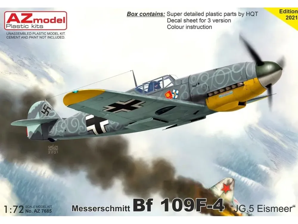 Krabice plastikové stavebnice AZ Model 1/72 Bf 109F-4 JG.5 Eismeer, kat. č. AZ7685