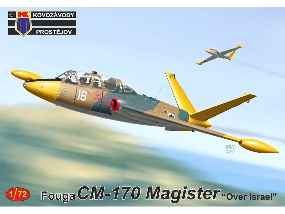 Krabice stavebnice Kovozávody Prostějov KPM0243 Fouga CM-170 Magister Over Israel v měřítku 1/72