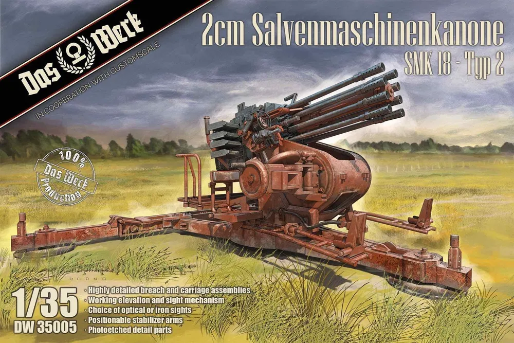Krabice stavebnice Das Werk DW35005 2cm Salvenmaschinenkanone SMK 18 Typ 2 v měřítku 1/35