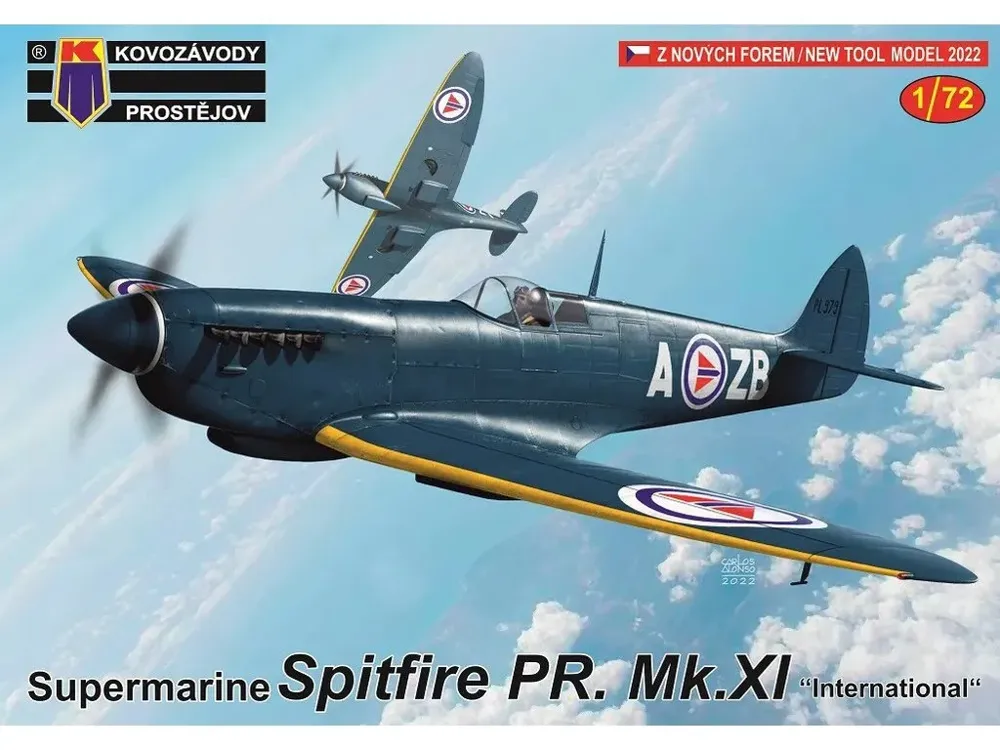 Krabice stavebnice Kovozávody Prostějov KPM0293 Spitfire PR. Mk.XI International v měřítku 1/72