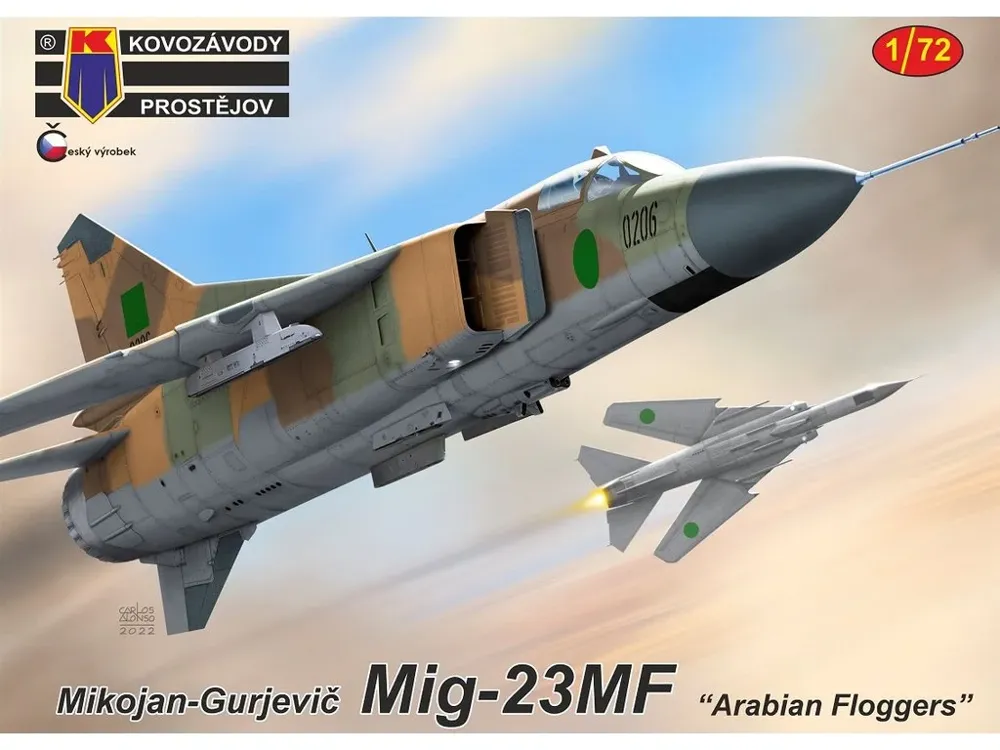 Krabice plastikové stavebnice Kovozávody Prostějov KPM0309 MiG-23MF Arabian Floggers v měřítku 1/72