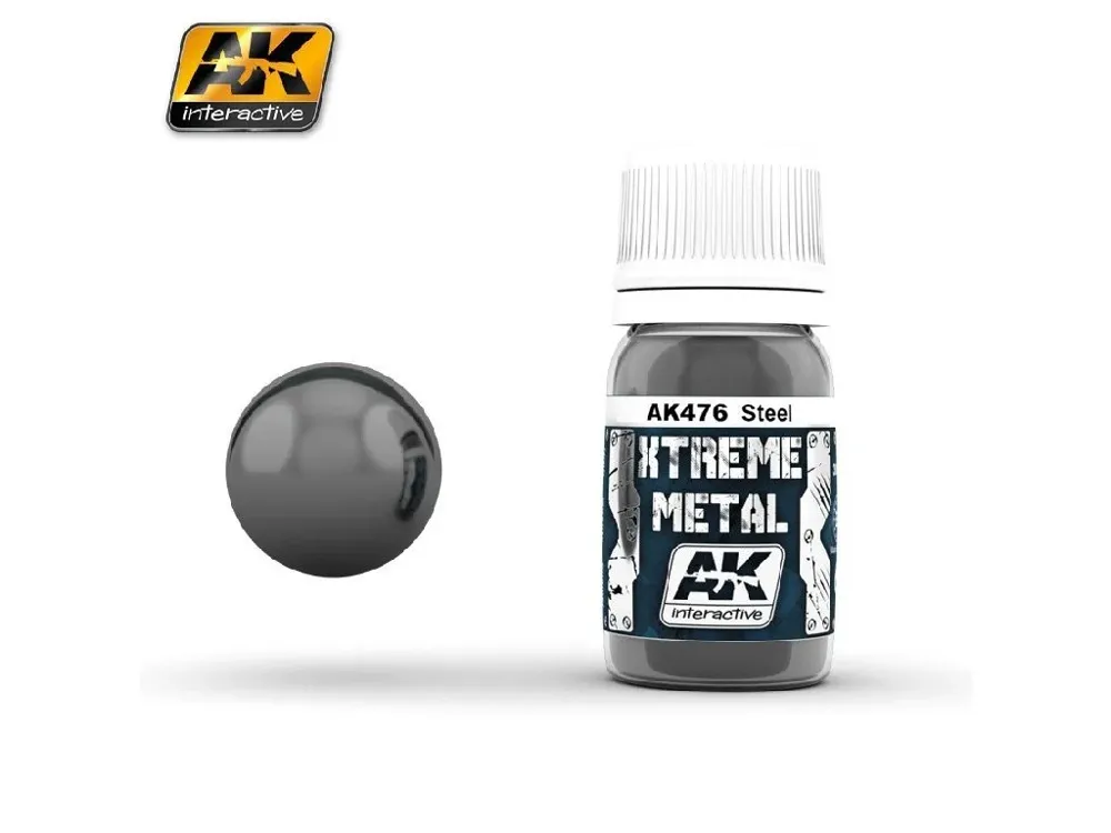 Lahvička metalické barvy AK Interactive Xtreme Metal AK476 ocel 35 ml