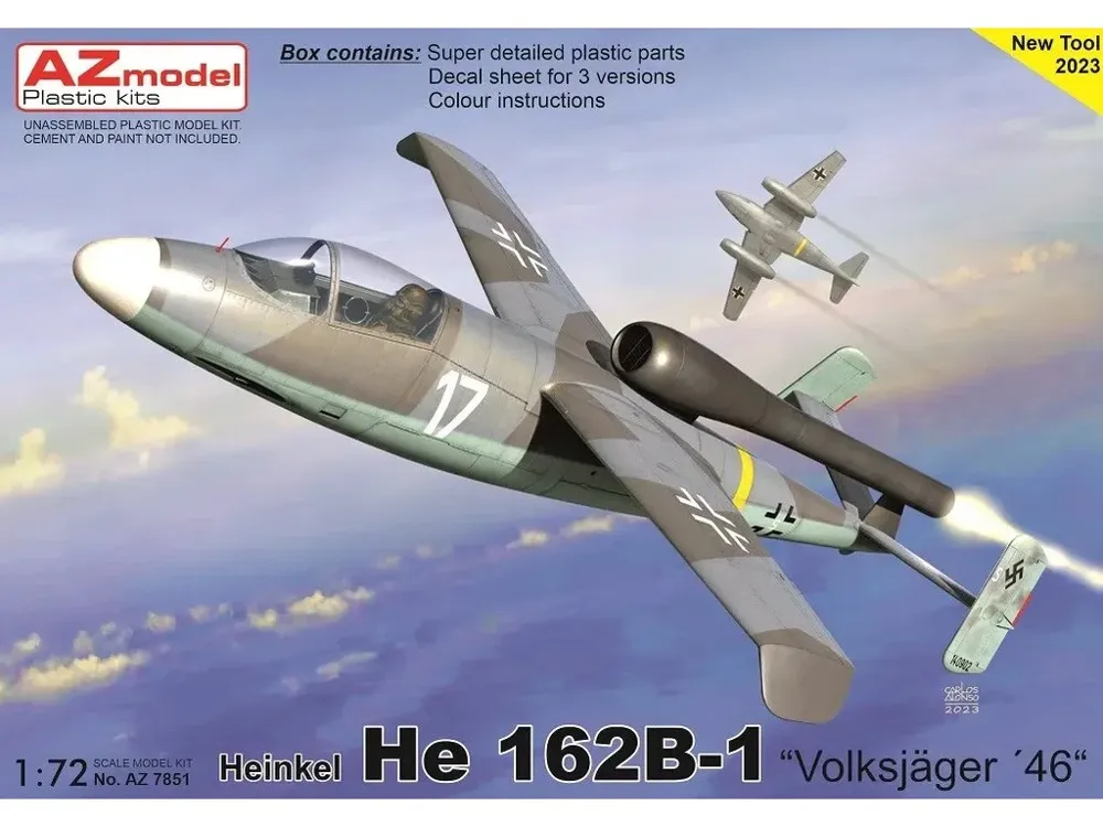 Krabice plastikové stavebnice AZ Model 1/72 Heinkel He 162B-1 Volksjäger 46, kód AZ7851