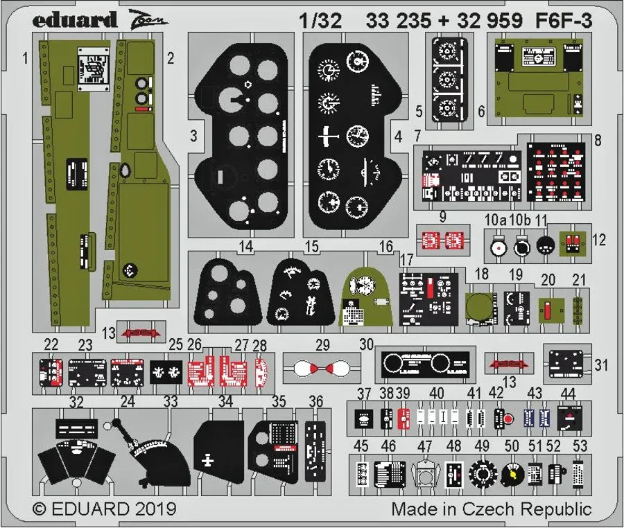 Barevné fotolepty Eduard Zoom 33235 F6F-3 v měřítku 1/32 pro stavebnici Trumpeter