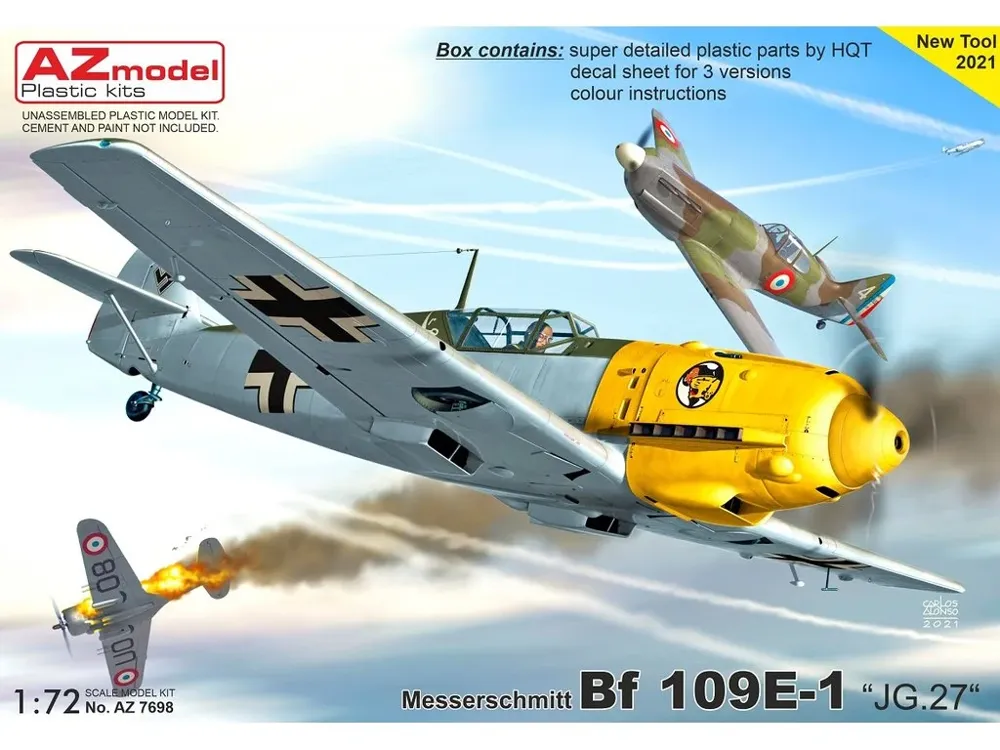 Krabice plastikové stavebnice AZ Model AZ7698 Bf 109E-1 JG.27 v měřítku 1/72