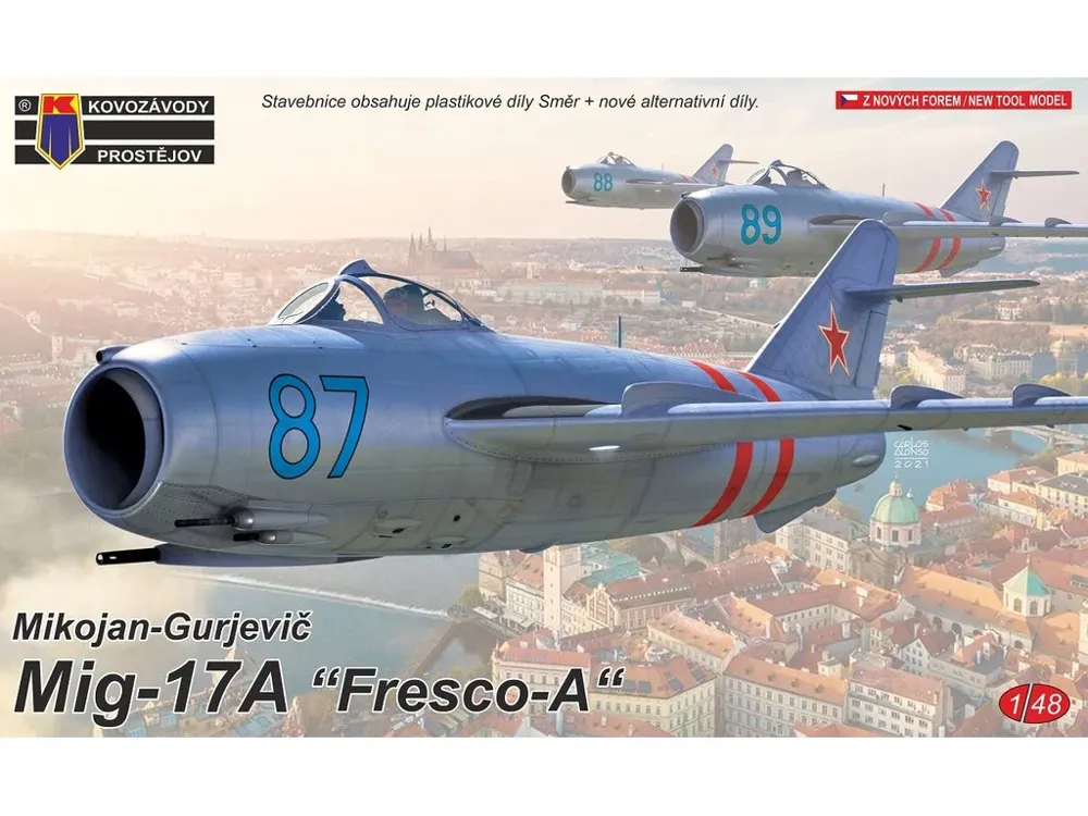 Krabice plastikové stavebnice Kovozávody Prostějov KPM4824 MiG-17A Fresco-A v měřítku 1/48