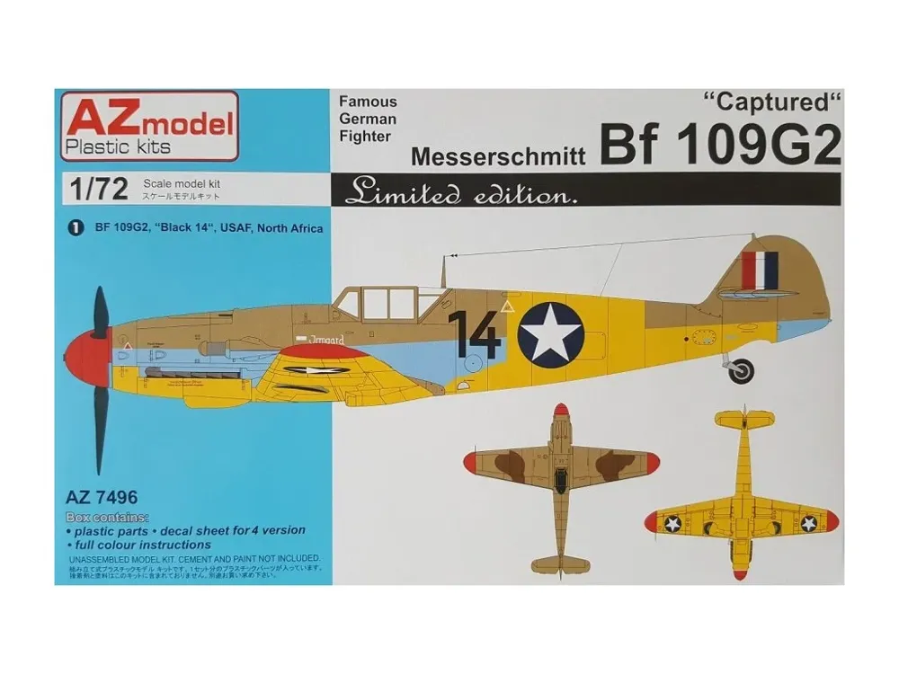 Krabice plastikové stavebnice AZ Model AZ7496 Bf 109G-2 Captured v měřítku 1/72