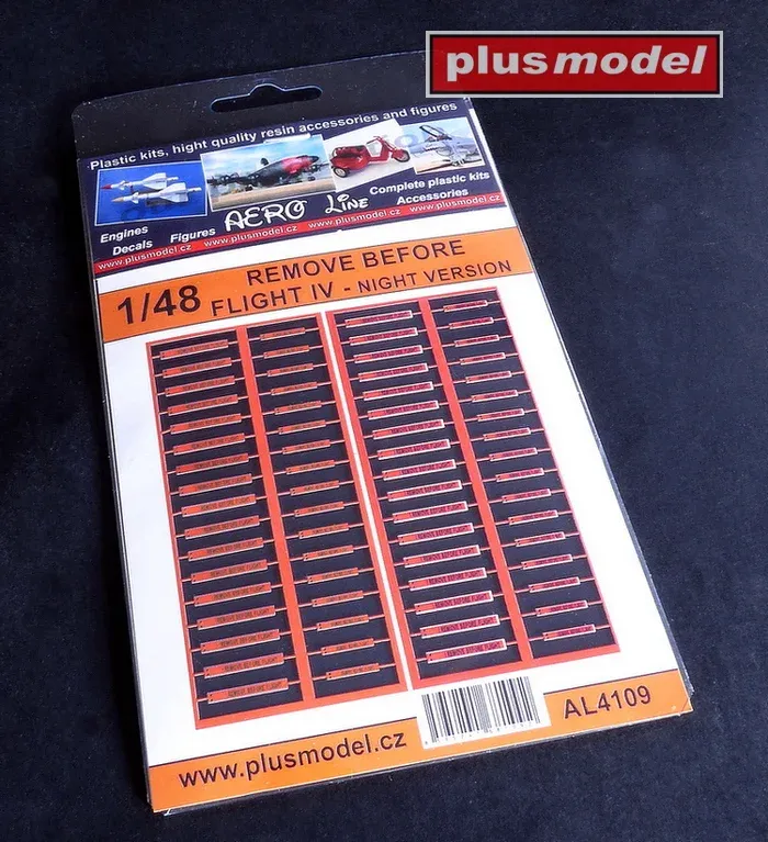 Papírový aršík Plus Model AL4109 Remove before flight noční varianta v měřítku 1/48