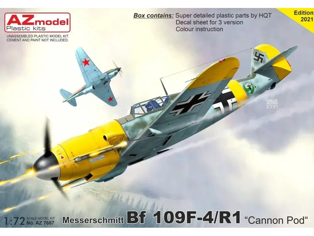Krabice plastikové stavebnice AZ Model AZ7687 Messerschmitt Bf 109F-4/R1 Kanon Pod v měřítku 1/72