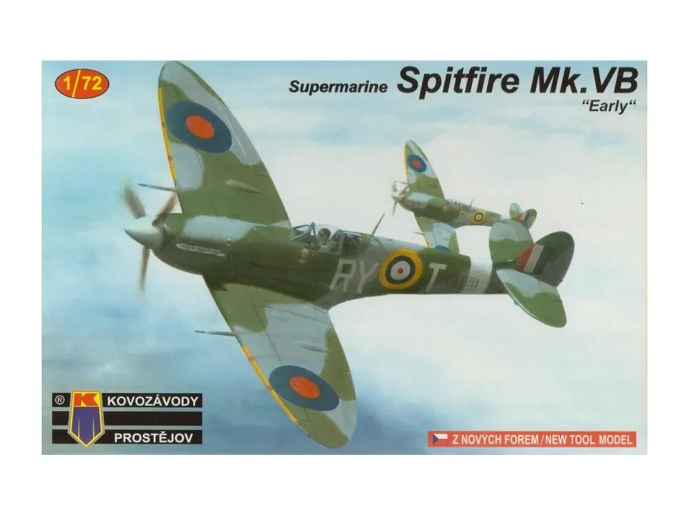 Krabice plastikové stavebnice Kovozávody Prostějov KPM0058 Supermarine Spitfire Mk.VB v měřítku 1/72