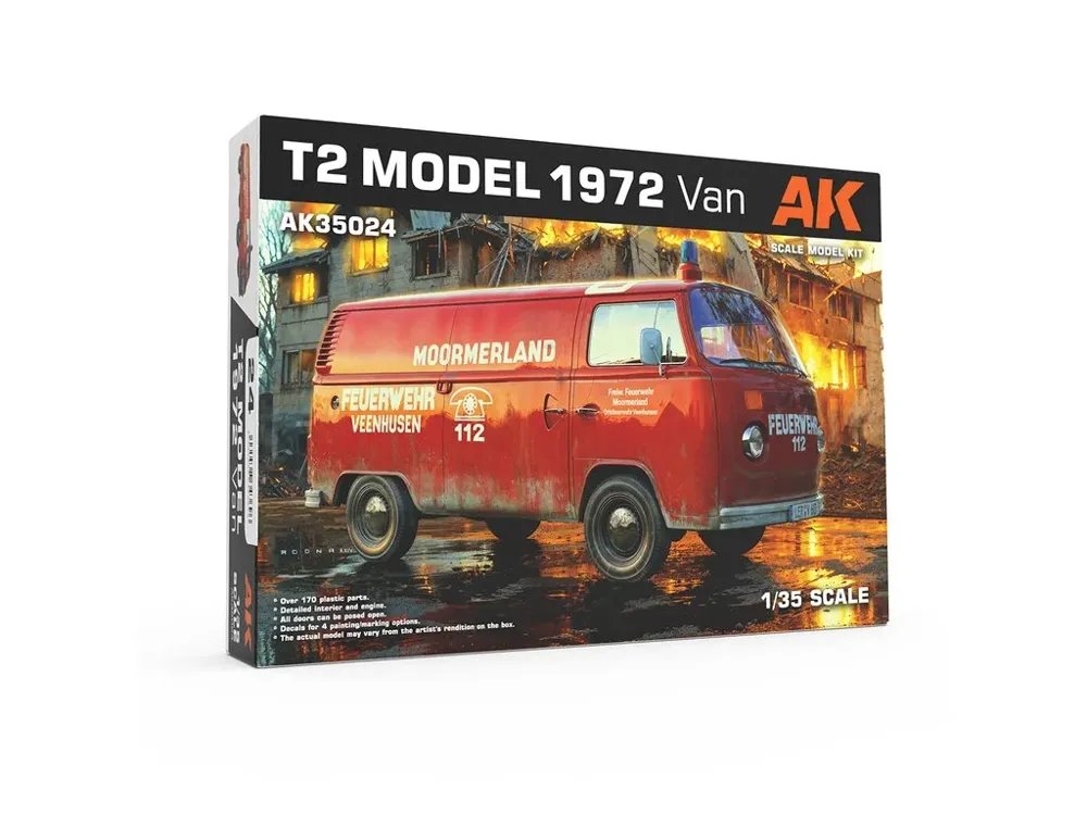 Krabice plastikové stavebnice AK Scale Models AK35024 T2 Model 1972 dodávka v měřítku 1/35