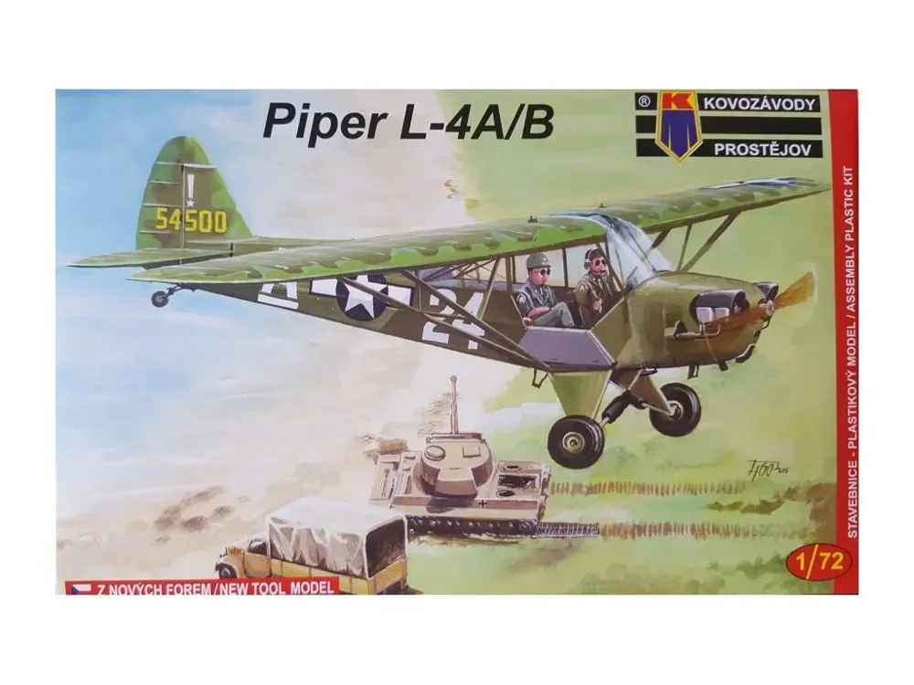 Krabice plastikové stavebnice Kovozávody Prostějov KPM0040 Piper L-4A/B Gen. Patton v měřítku 1/72