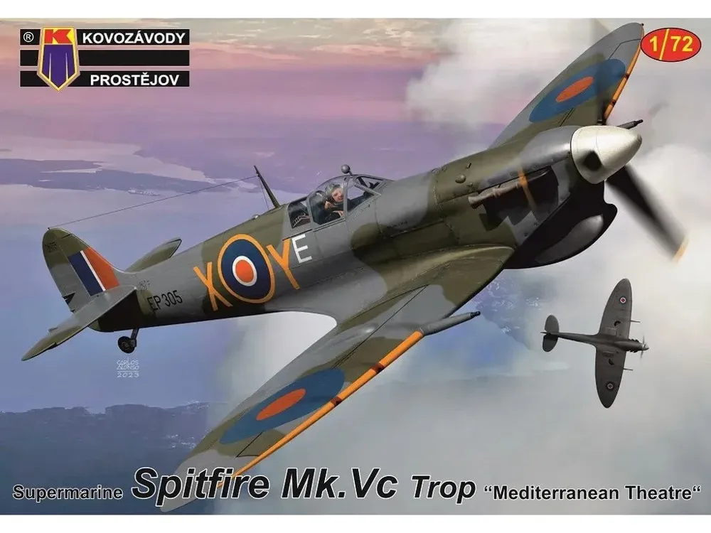 Krabice stavebnice Kovozávody Prostějov KPM0417 Supermarine Spitfire Mk.Vc Trop v měřítku 1/72