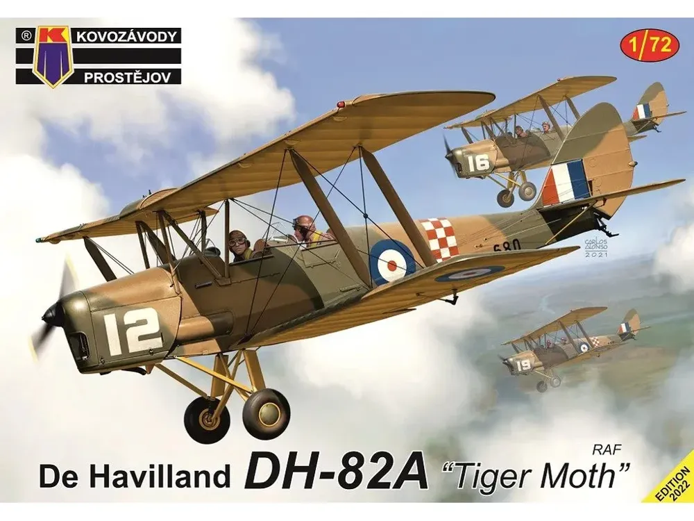 Krabice stavebnice Kovozávody Prostějov KPM0363 de Havilland DH-82A Tiger Moth RAF v měřítku 1/72