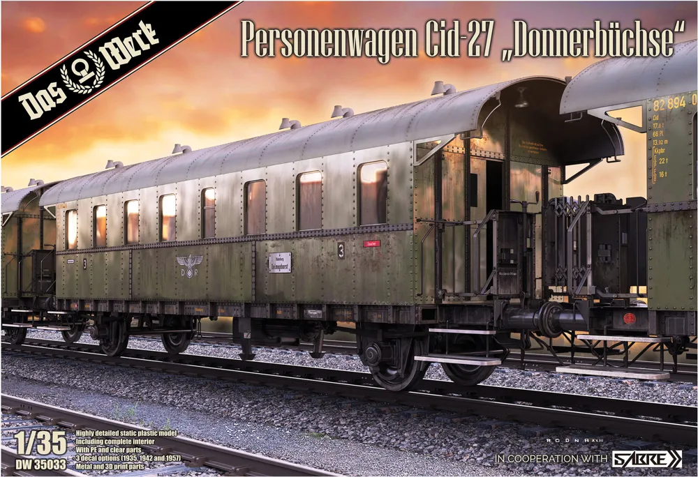 Krabice plastikové stavebnice Das Werk DW35033 osobní vagón Cid-27 Donnerbüchse v měřítku 1/35