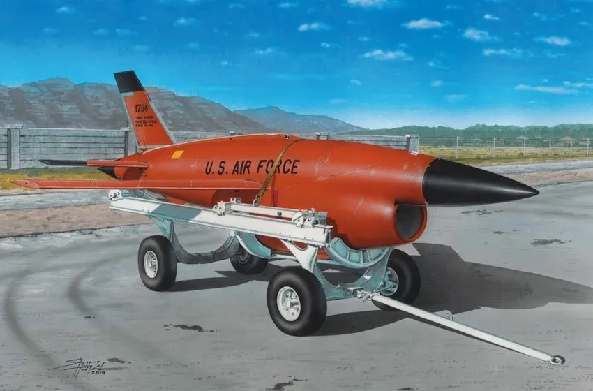 Stavebnice Plus Model AL7035 Firebee BQM-34 s transportním vozíkem v měřítku 1/72