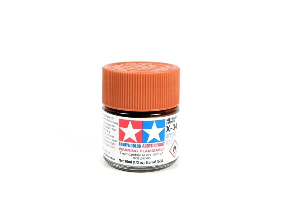 Skleněná lahvička akrylové barvy Tamiya Acrylic Mini X-34 metalická hnědá, 10 ml