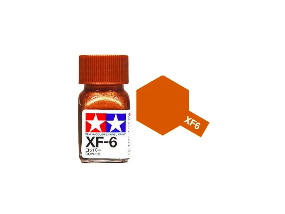 Skleněná lahvička emailové barvy Tamiya Enamel XF-6 Copper měděná matná, 10 ml