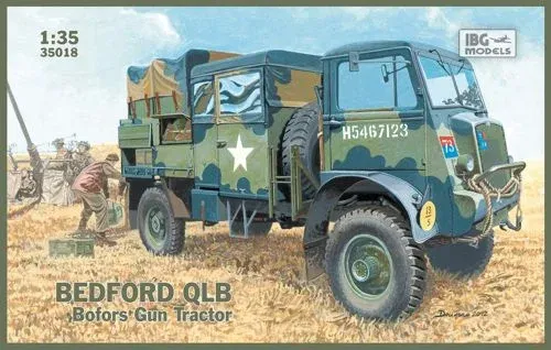 Krabice plastikové stavebnice IBG Models 35018 Bedford QLB tahač kanónu Bofors v měřítku 1/35