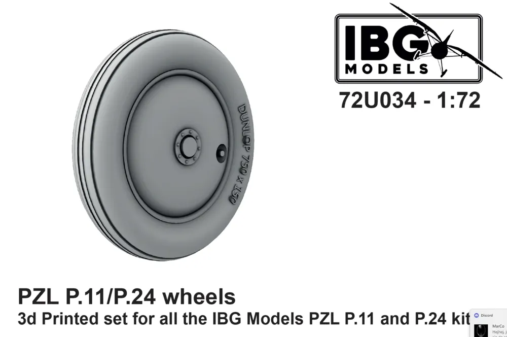 3D tištěná kola IBG Models 72U034 pro PZL P.11/P.24 v měřítku 1/72