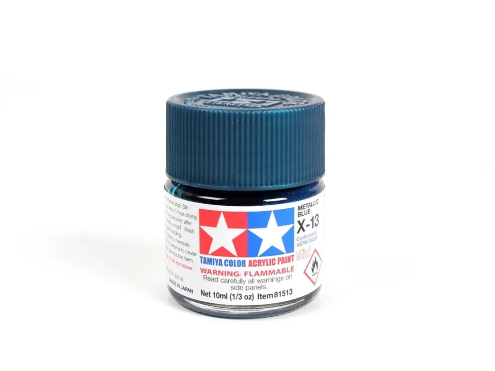 Skleněná lahvička akrylové barvy Tamiya Acrylic Mini X-13 Metallic Blue 10 ml