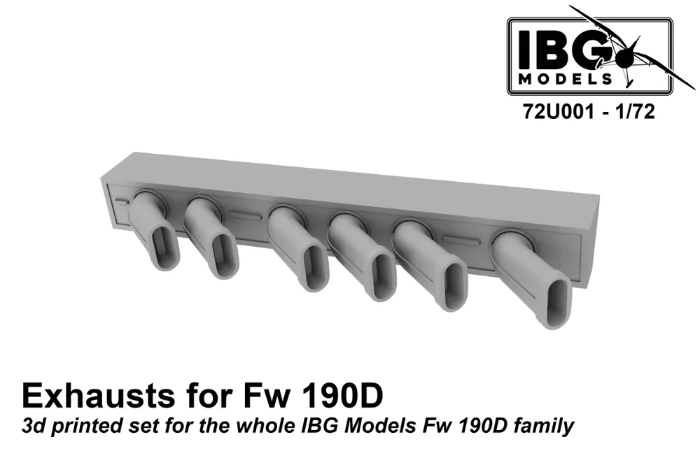 3D tištěná sada výfuků IBG Models 72U001 pro Fw 190D v měřítku 1/72