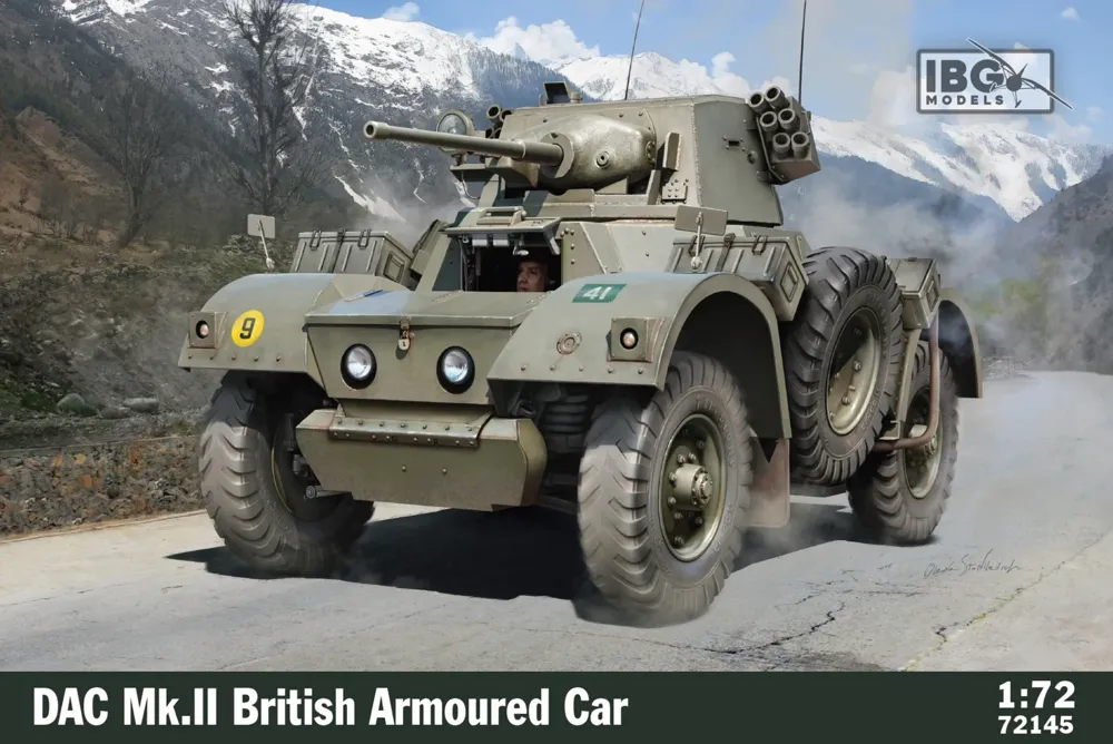 Krabice plastikové stavebnice IBG Models 72145 DAC Mk.II britský obrněný automobil v měřítku 1/72