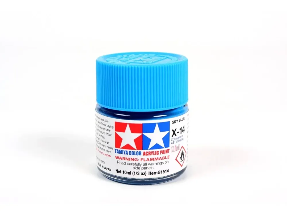 Skleněná lahvička akrylové barvy Tamiya Acrylic Mini X-14 Sky Blue 81514, 10 ml