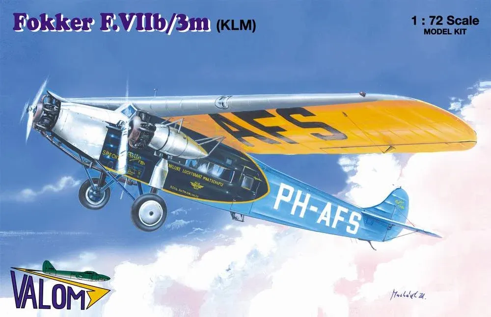 Krabice plastikové stavebnice Valom 72070 Fokker F.VIIb/3m KLM v měřítku 1/72