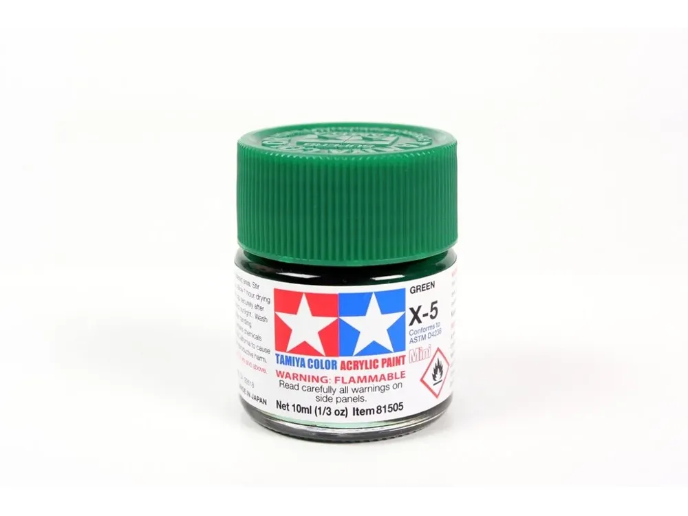 Skleněná lahvička akrylové barvy Tamiya 81505 Acrylic Mini X-5 zelená lesklá 10 ml