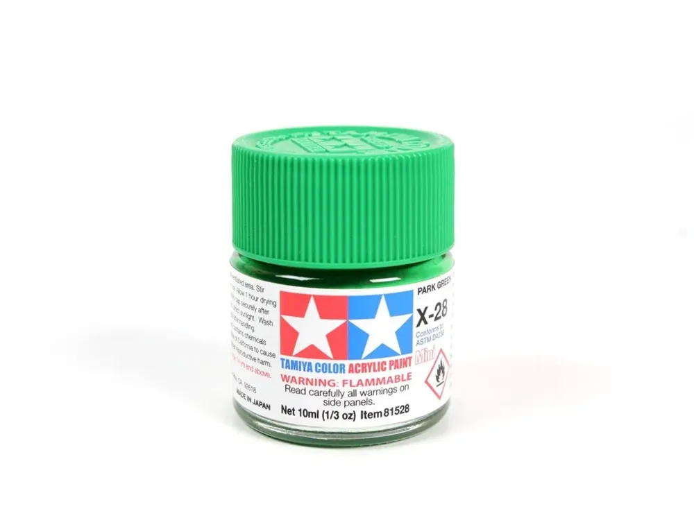 Skleněná lahvička akrylové barvy Tamiya Acrylic Mini X-28 Park Green 10 ml