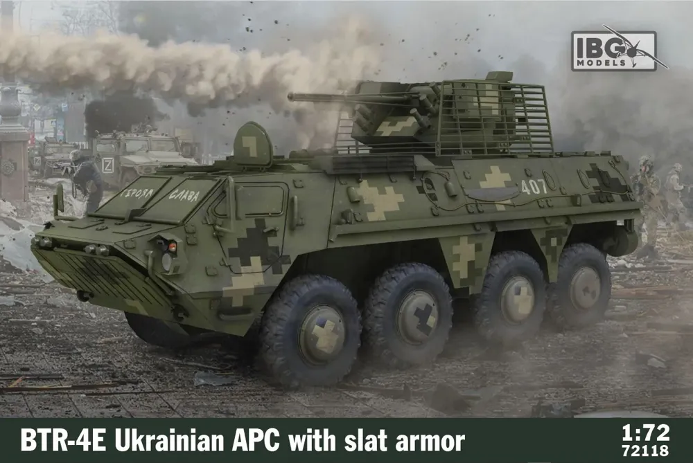 Krabice plastikové stavebnice IBG Models 72118 BTR-4E 1/72 s mřížkovým pancířem