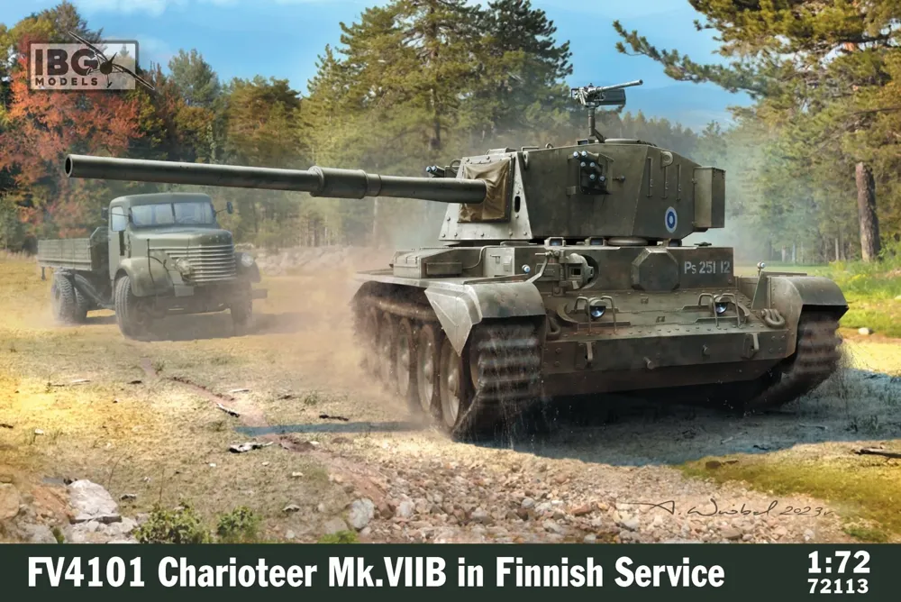 Krabice plastikové stavebnice IBG Models 72113 FV4101 Charioteer Mk. VIIB ve finských službách, měřítko 1/72