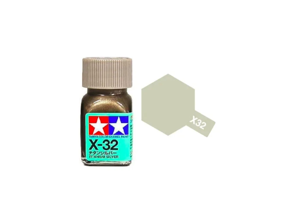 Skleněná lahvička emailové barvy Tamiya Enamel X-32 Titanium Silver 10 ml