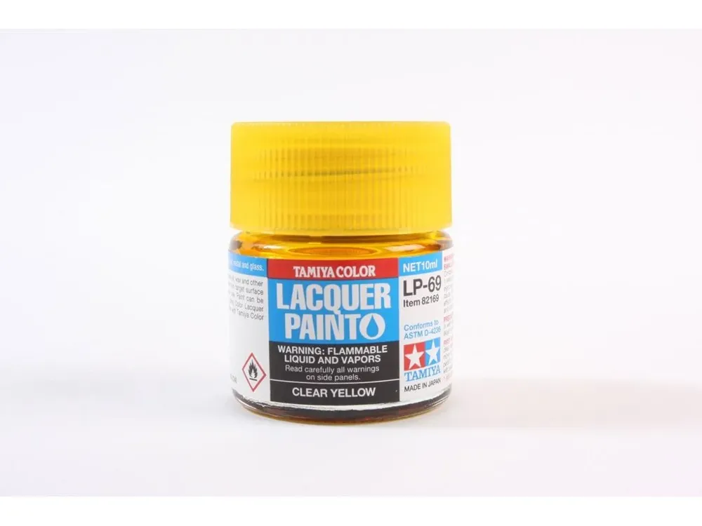 Skleněná lahvička lakové barvy Tamiya LP-69 Clear Yellow 82169, transparentní žlutá, 10 ml