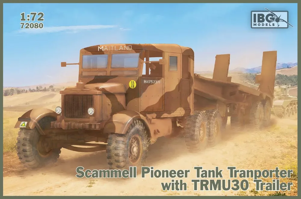 Krabice stavebnice IBG Models 72080 Scammell Pioneer tankový transportér s přívěsem TRMU30 v měřítku 1/72