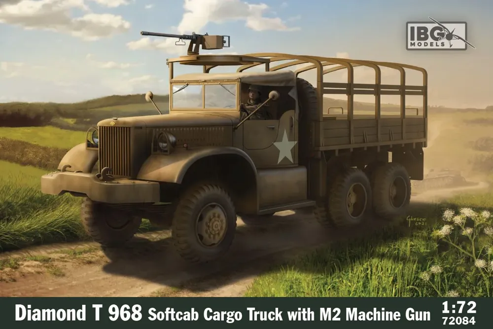 Krabice stavebnice IBG Models 72084 Diamond T 968 Softcab s kulometem M2 v měřítku 1/72