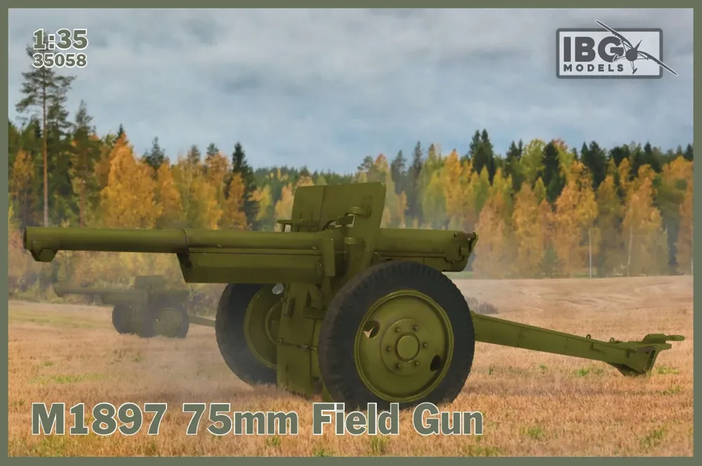Krabice plastikové stavebnice IBG Models 35058 polní dělo M1897 v měřítku 1/35