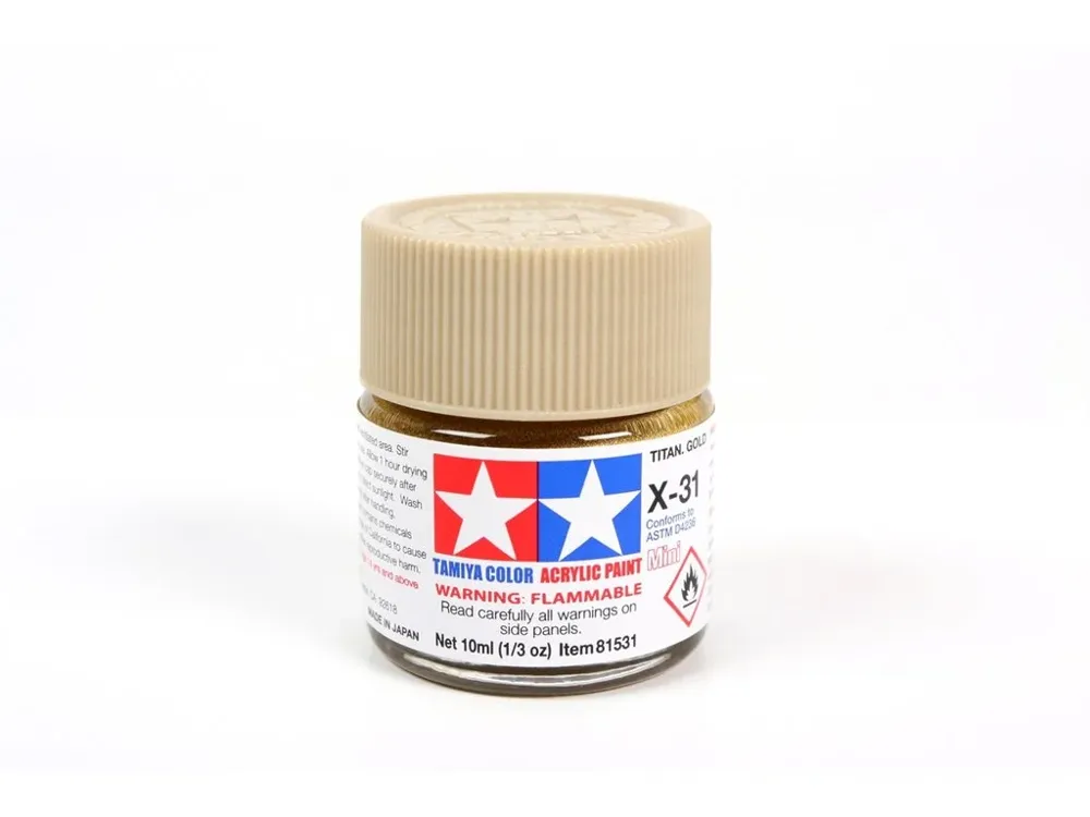 Skleněná lahvička akrylové barvy Tamiya Acrylic Mini X-31 Titanium Gold 10 ml