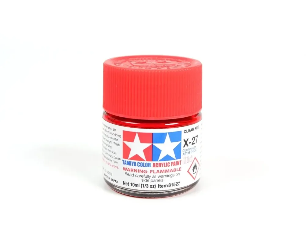 Skleněná lahvička akrylové barvy Tamiya 81527 Acrylic Mini X-27 Clear Red 10 ml