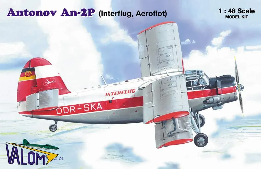 Krabice stavebnice Valom 1/48 Antonov An-2 airliner Interflug, Aeroflot s červenobílým dvouplošníkem