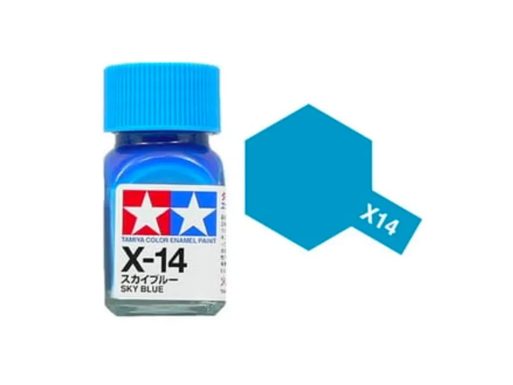 Skleněná lahvička emailové barvy Tamiya Enamel 80014 X-14 Sky Blue 10 ml