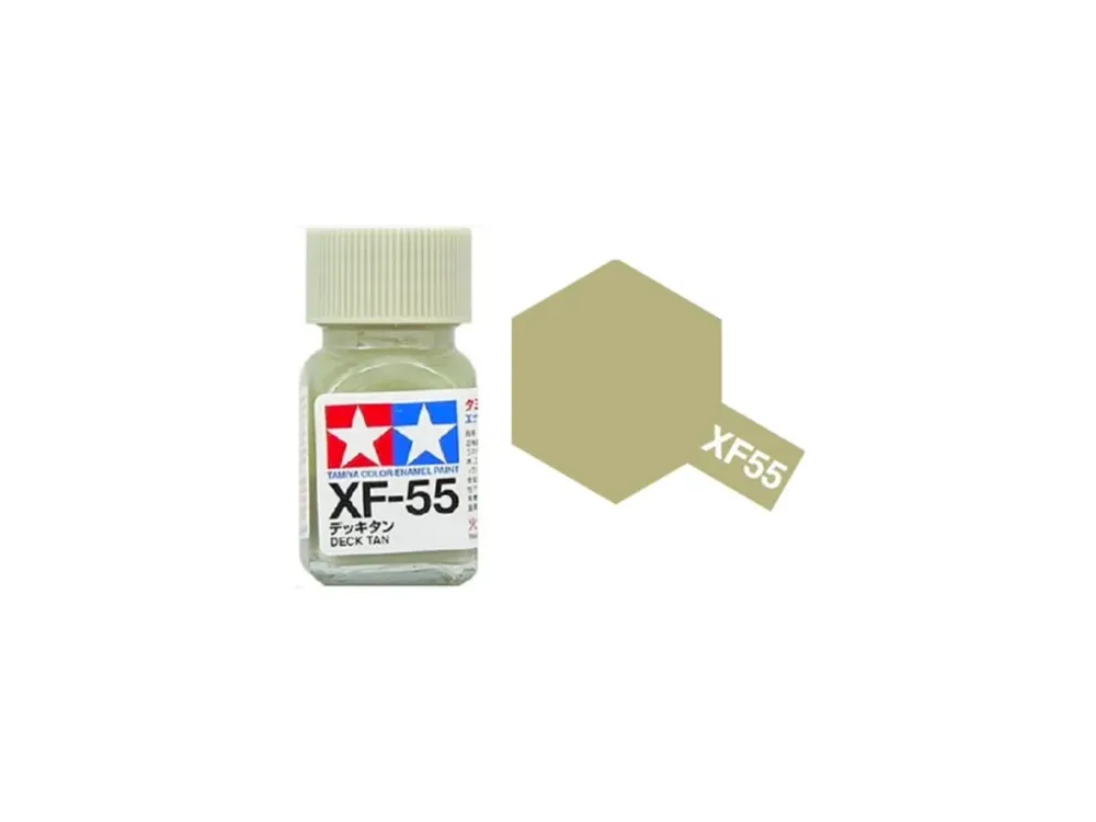 Skleněná lahvička emailové barvy Tamiya Enamel XF-55 Deck Tan 10 ml, matný odstín