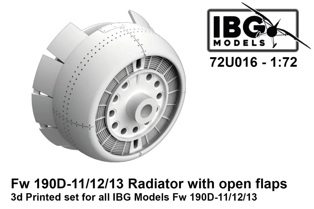 3D tištěná sada IBG Models 72U016 – chladič Fw 190D-11/12/13 s otevřenými klapkami, měřítko 1/72