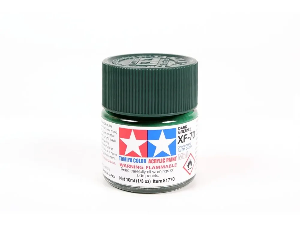 Skleněná lahvička akrylové barvy Tamiya XF-70 Dark Green 2, matná tmavě zelená, 10 ml