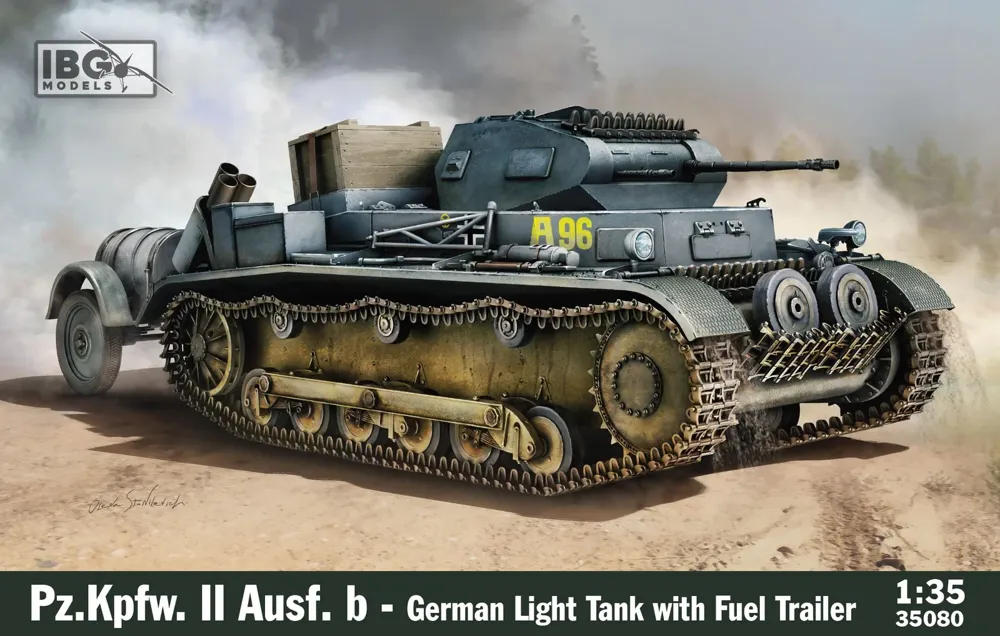 Krabice plastikové stavebnice IBG Models 35080 Pz.Kpfw. II Ausf. b 1/35 s palivovým přívěsem