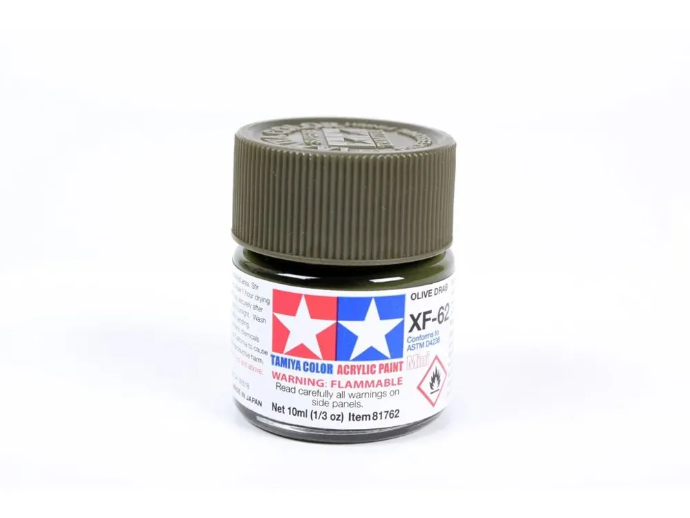 Skleněná lahvička akrylové barvy Tamiya Acrylic Mini XF-62 Olive Drab 10 ml