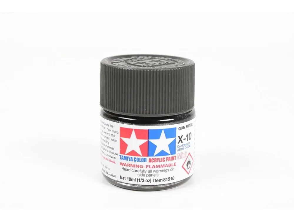 Skleněná lahvička akrylové barvy Tamiya Acrylic Mini X-10 Gun Metal kovová šedá 10 ml