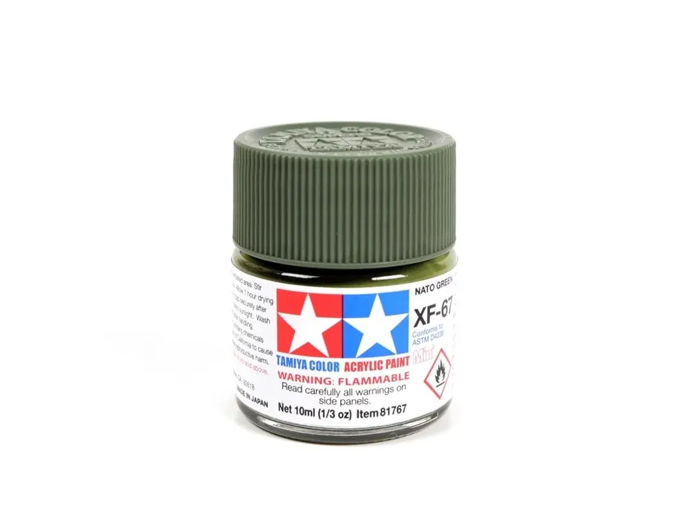 Skleněná lahvička akrylové barvy Tamiya Acrylic Mini XF-67 NATO Green 10 ml