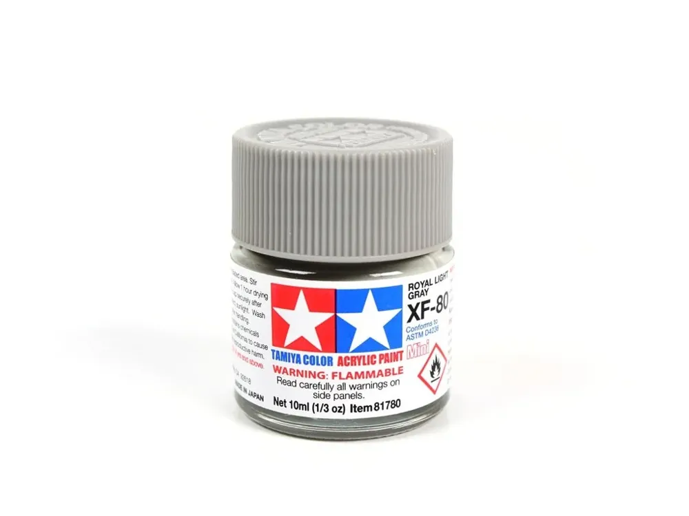 Skleněná lahvička akrylové barvy Tamiya Acrylic Mini XF-80 světle šedá královská 10 ml